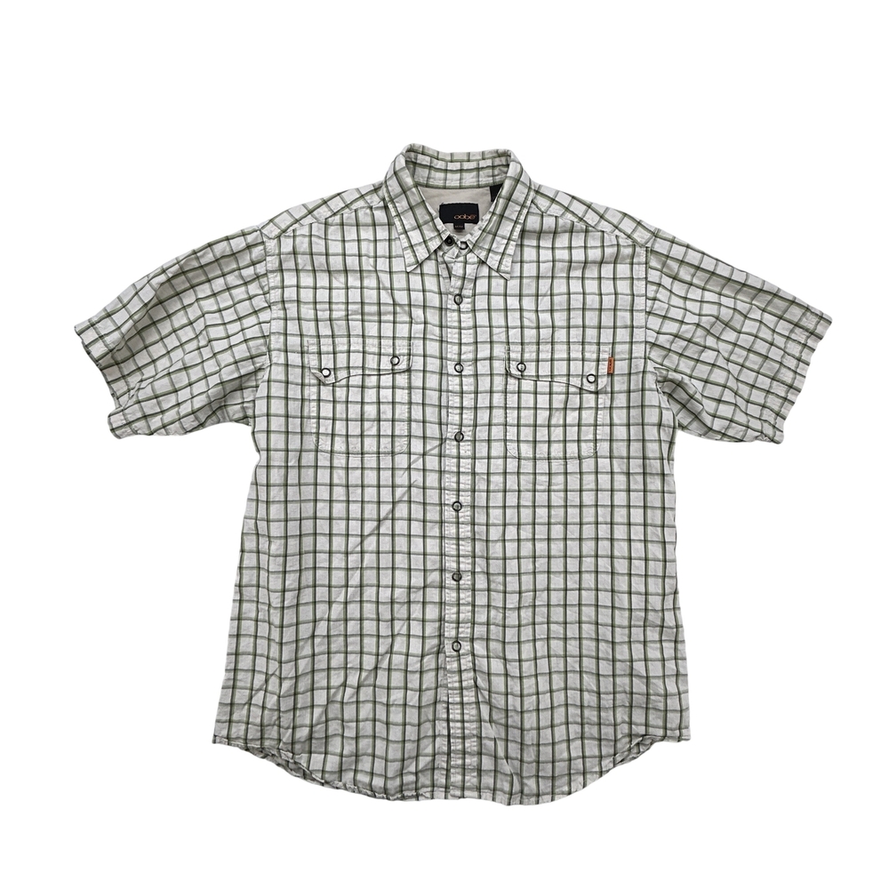 Oobe Shirt Mens Medium Green Plaid Short Sleeve Button Front Outdoor Pockets
